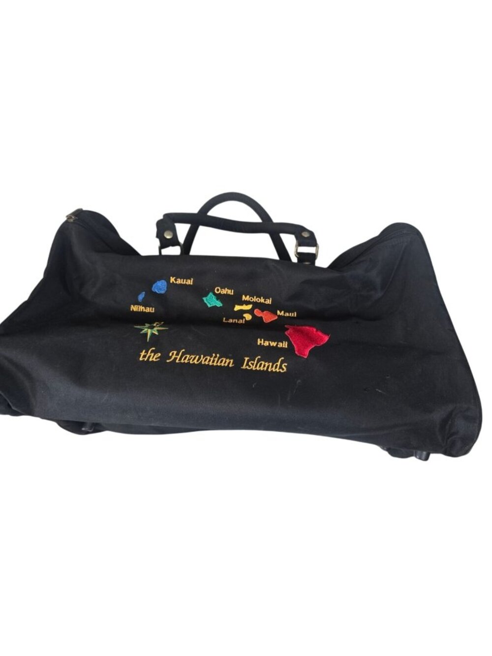 Hawaiian Islands Embroidered Black Carry-On Duffel Travel Bag Zip Top & Pockets
